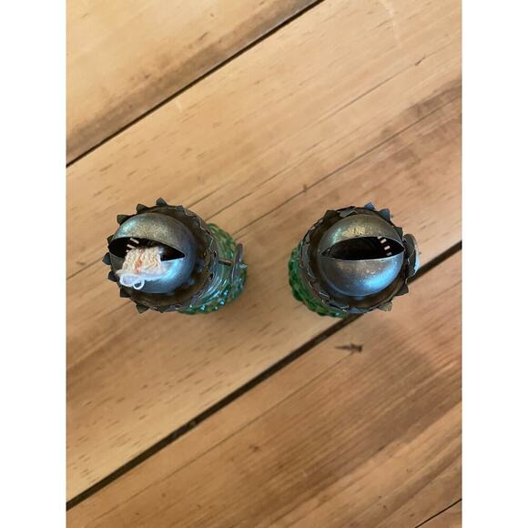 Set of 2 Vintage Small Green Glass Oil Lamps. MCM? Farmhouse Decor. 6" - Picture 2 of 6